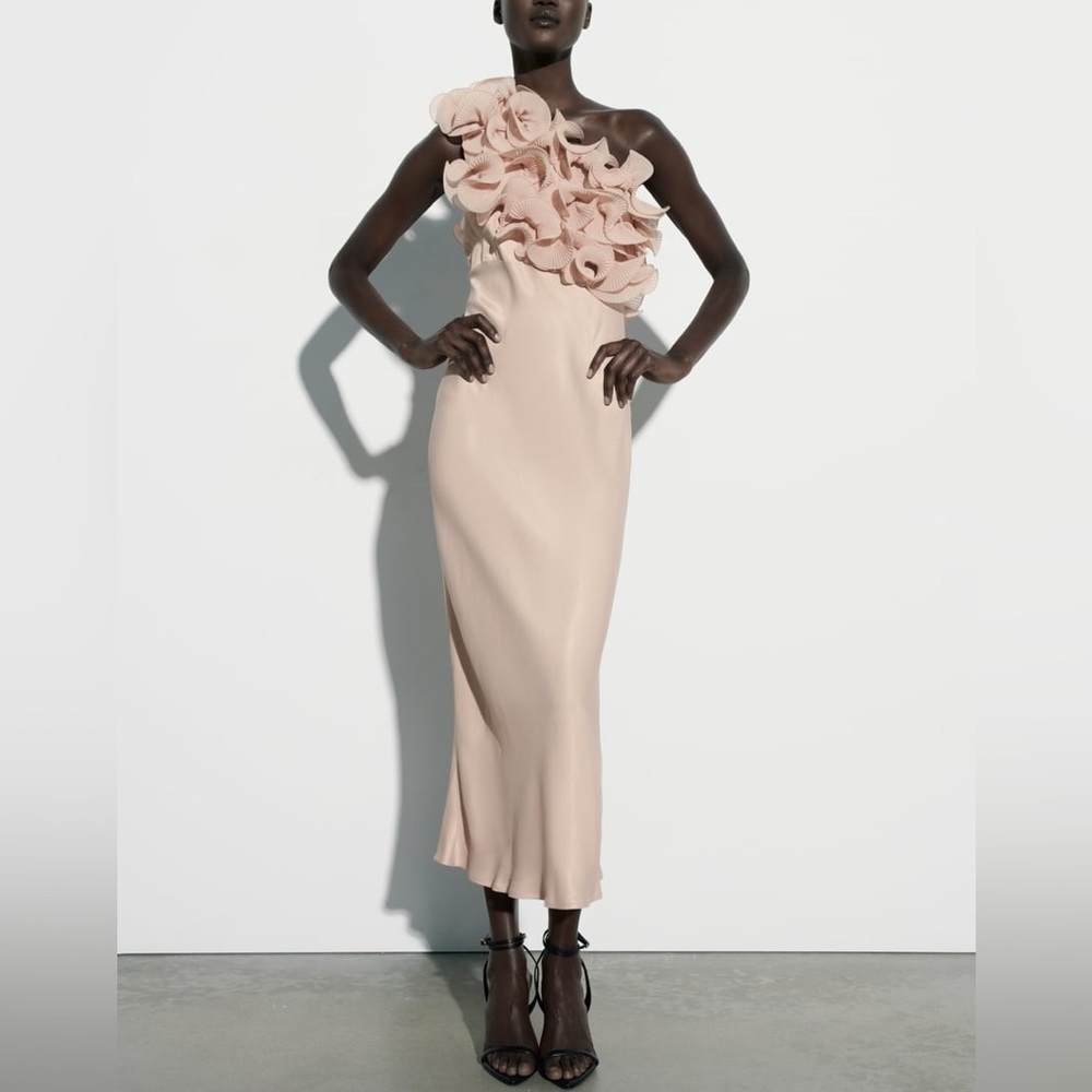 Zara ruffled satin effect dress beige- pink NWT